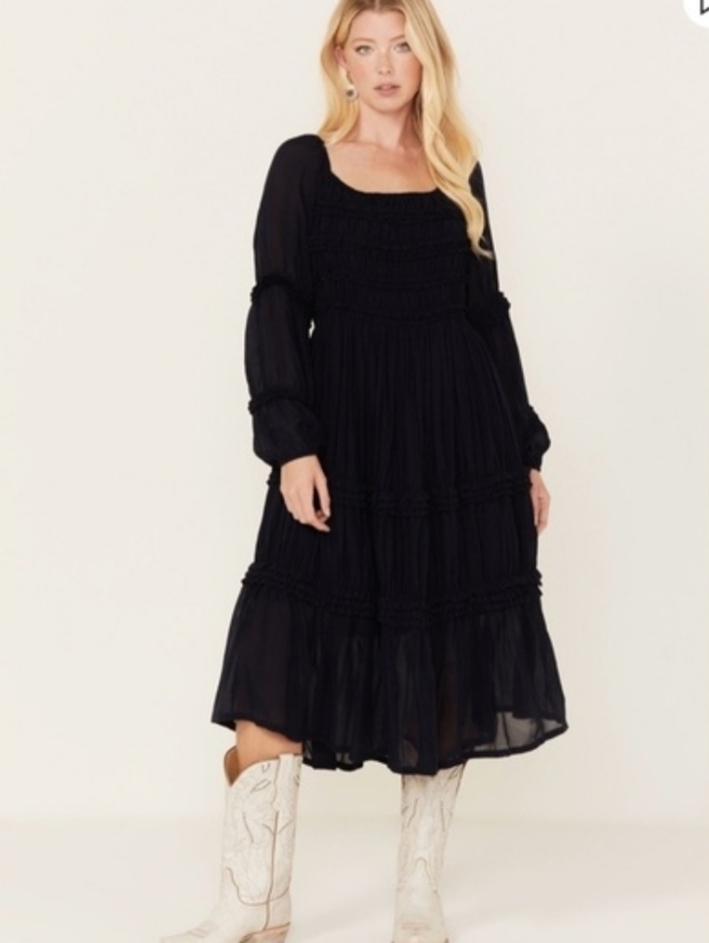 Idyllwind Romantic Ruffle Tiered Midi Dress Navy Blue‎ Lace Up Size M - Picture 2 of 10